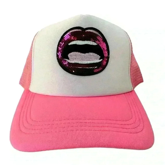 Sequin Lips Trucker Hat Cap SnapBack Hot Pink - Picture 1 of 3